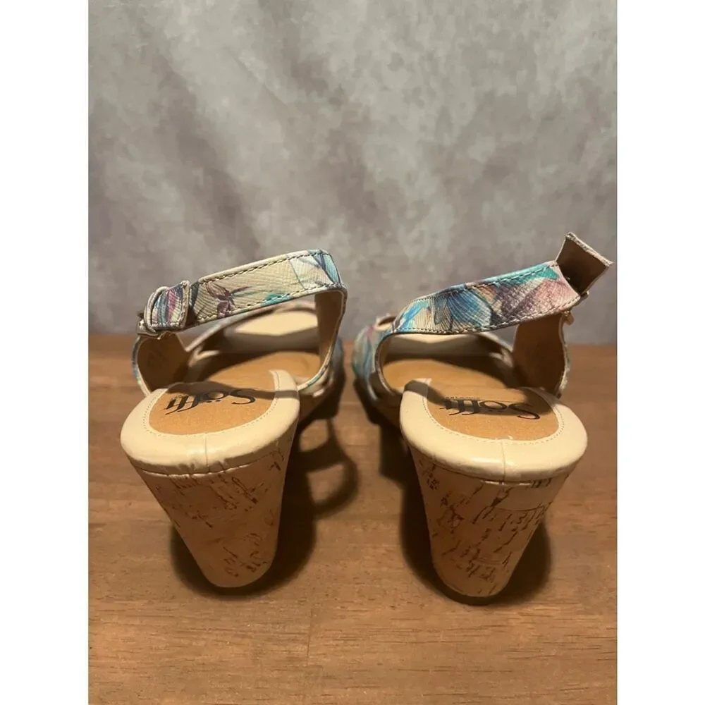 Sofft Floral Multicolor Slingback Leather Wedge Sandals size 8
